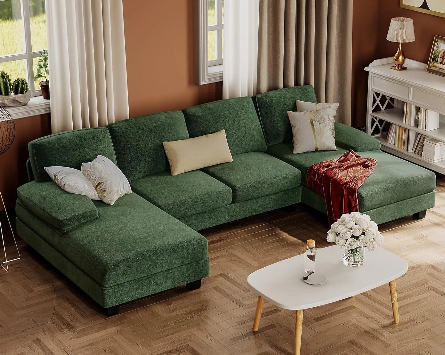 U Shaped Linen Sectional Sofa For Living Room 4 Seat Couch With Double Chaise