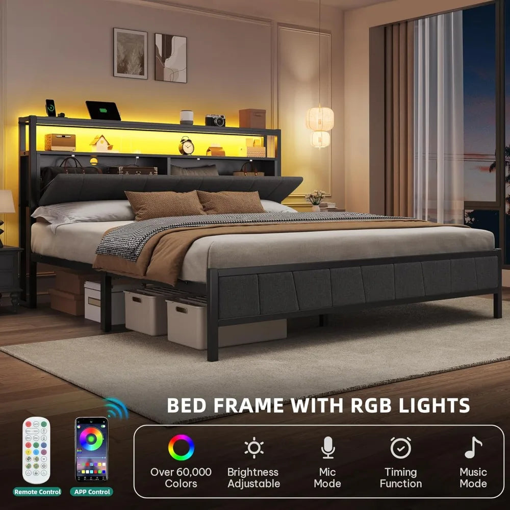 YITAHOME Queen Bed Frame With Storage Headboard LED Platform Bed With Charging