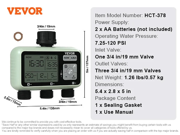 Vevor Water Timer With Three Outlets LCD Display Rain Delay