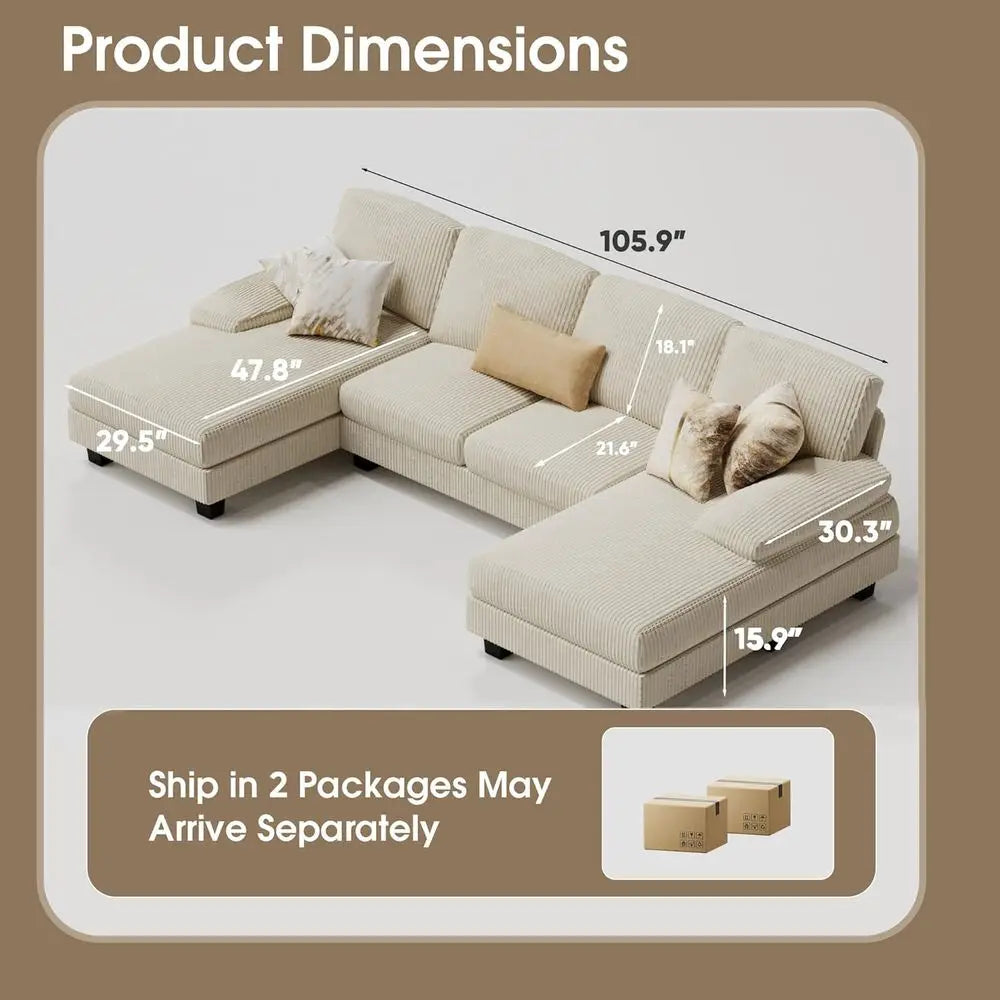 U Shaped Sectional Sofa With Linen Fabric 4 Seat Couch And Double Chaise