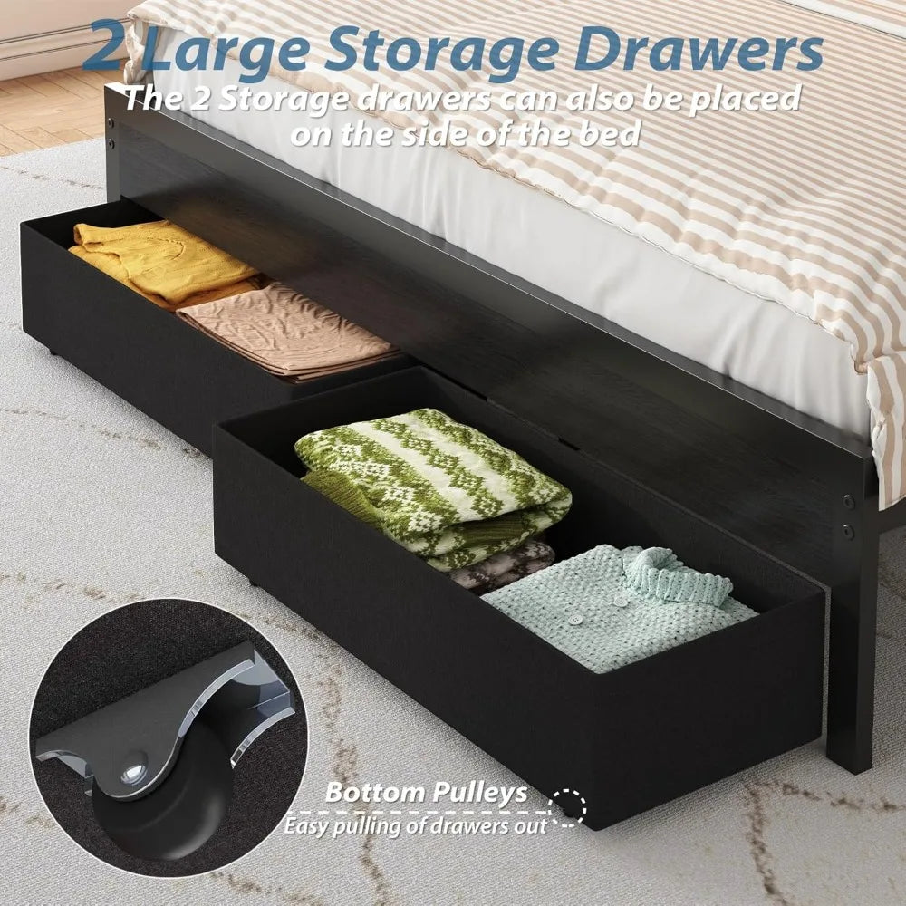 Full Upholstered Bed Frame With Storage Headboard Black 4 Drawers LED Charging