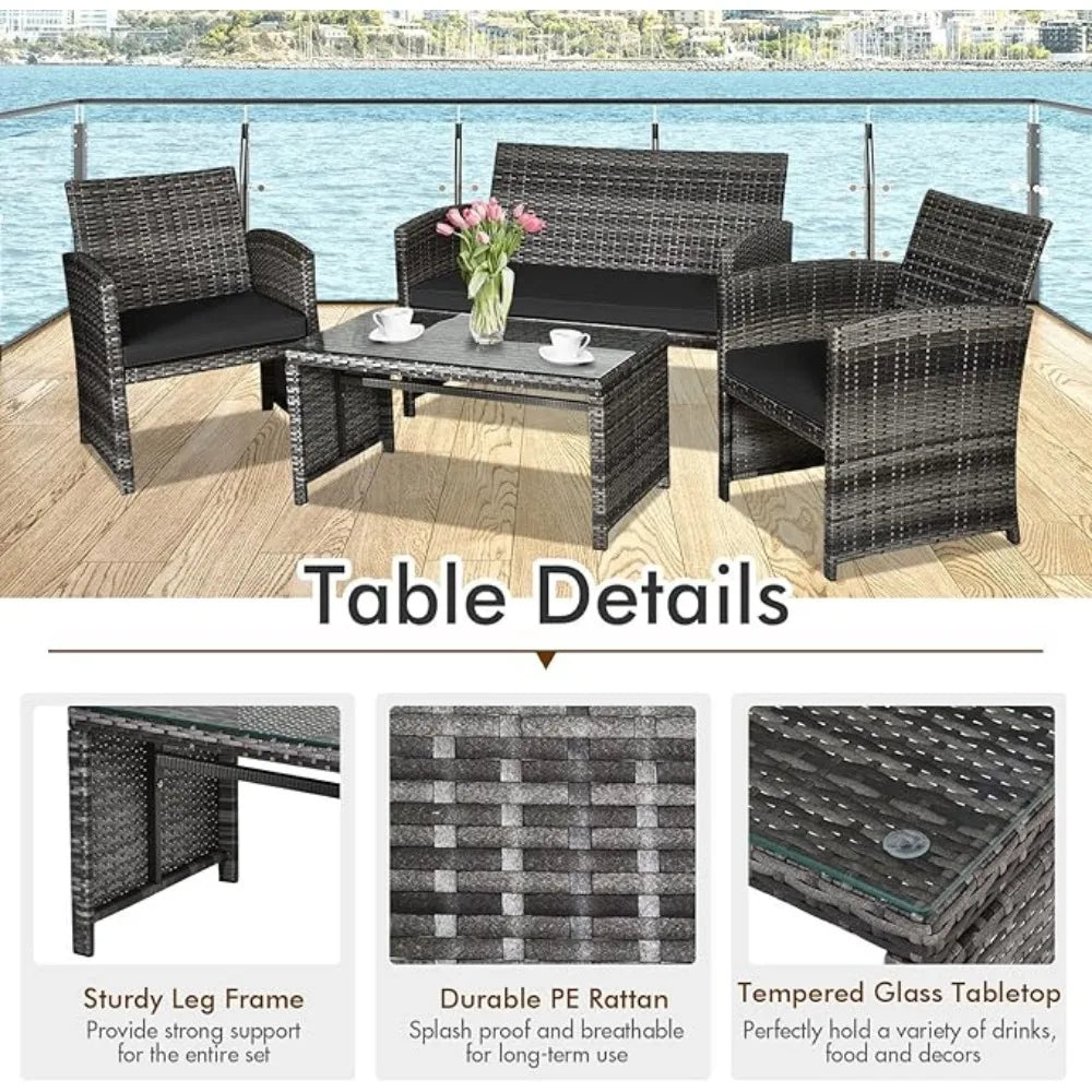 4 Piece Rattan Patio Furniture Set Outdoor Wicker Conversation Sofa with Weather Resistant Cushions and Tempered Glass Tabletop