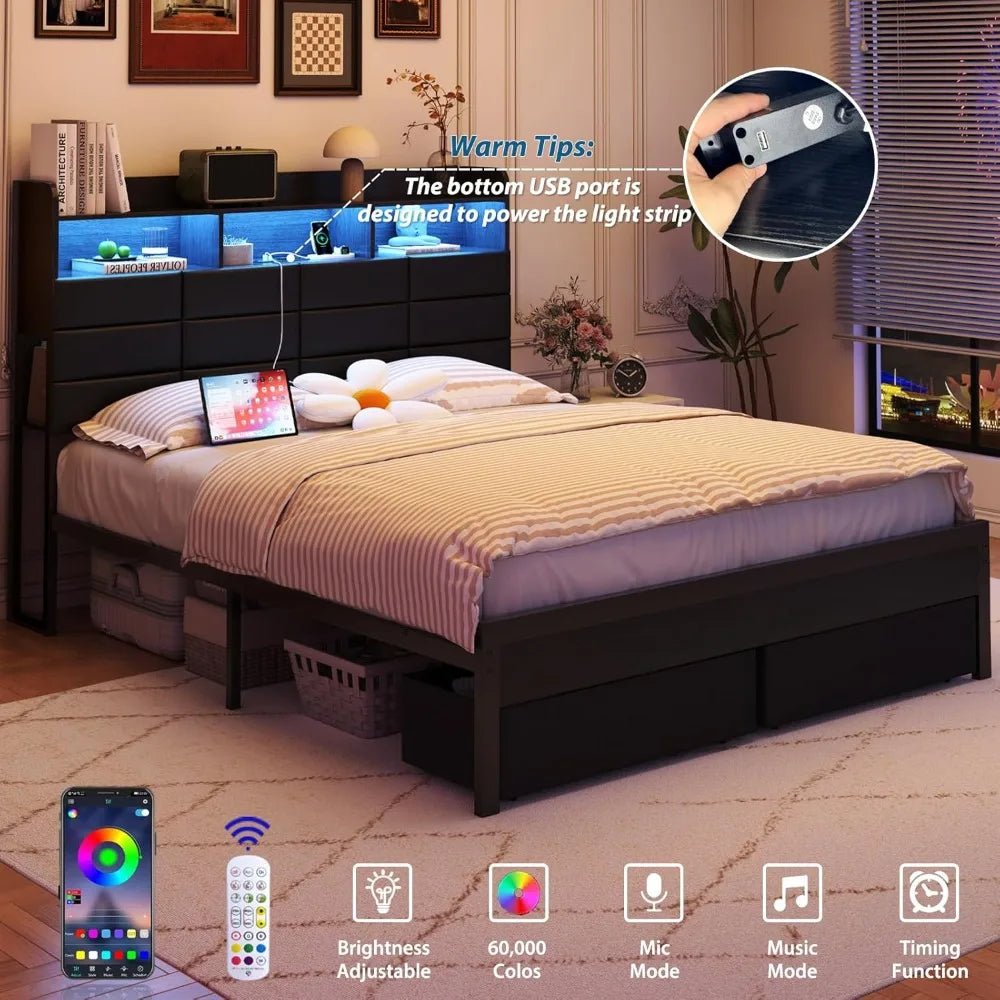 Full Upholstered Bed Frame With Storage Headboard Black 4 Drawers LED Charging