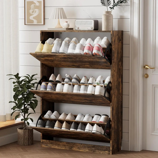 Entryway Wooden Shoe Storage Cabinet With 3 Flip Drawers